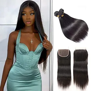 3 Bundles Brazilian Human Hair with Closure Straight Bundles 18 20 22 and 16 Inch Free Part Lace Closure 9A Remy Hair Natural Color - ZIYU Hair