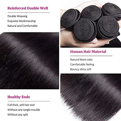 3 Bundles Brazilian Human Hair with Closure Straight Bundles 18 20 22 and 16 Inch Free Part Lace Closure 9A Remy Hair Natural Color - ZIYU Hair