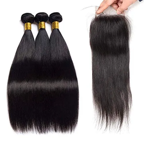 3 Bundles Brazilian Human Hair with Closure Straight Bundles 18 20 22 and 16 Inch Free Part Lace Closure 9A Remy Hair Natural Color - ZIYU Hair