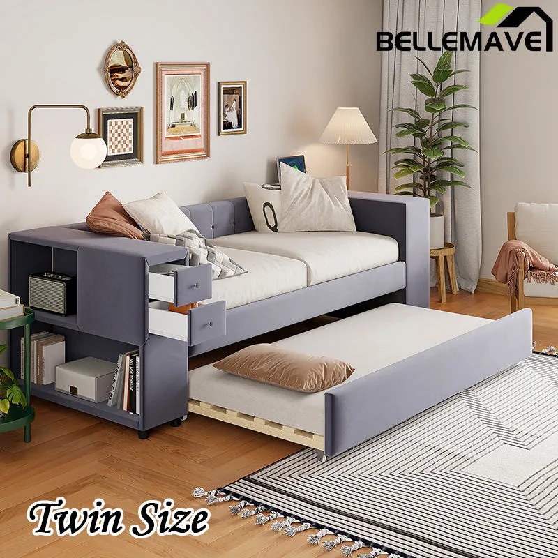 Bellemave® Twin Size Velvet Upholstered Daybed with Storage and Twin Trundle, USB Charging Ports