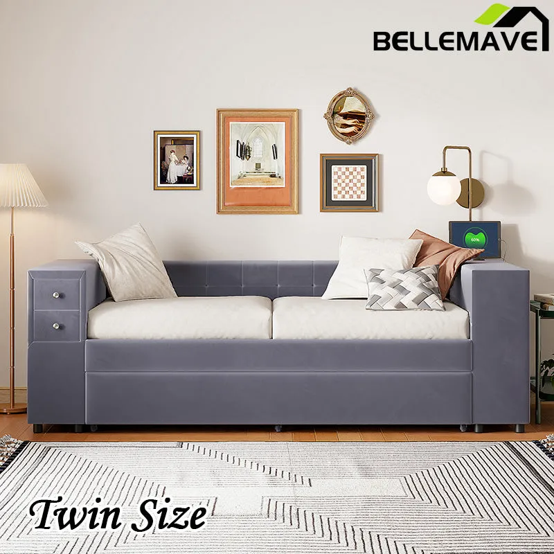 Bellemave® Twin Size Velvet Upholstered Daybed with Storage and Twin Trundle, USB Charging Ports