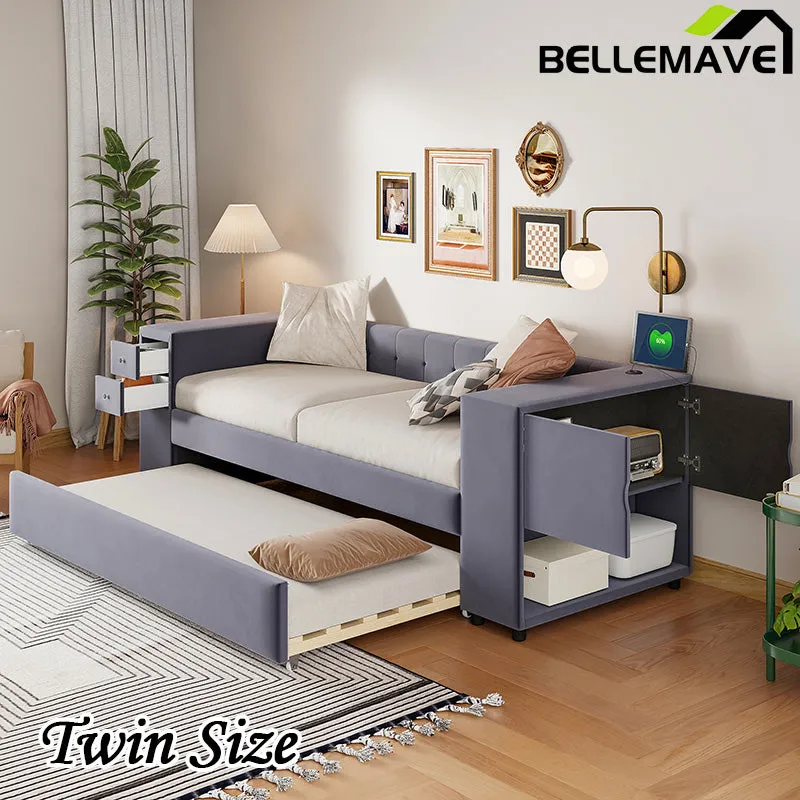 Bellemave® Twin Size Velvet Upholstered Daybed with Storage and Twin Trundle, USB Charging Ports