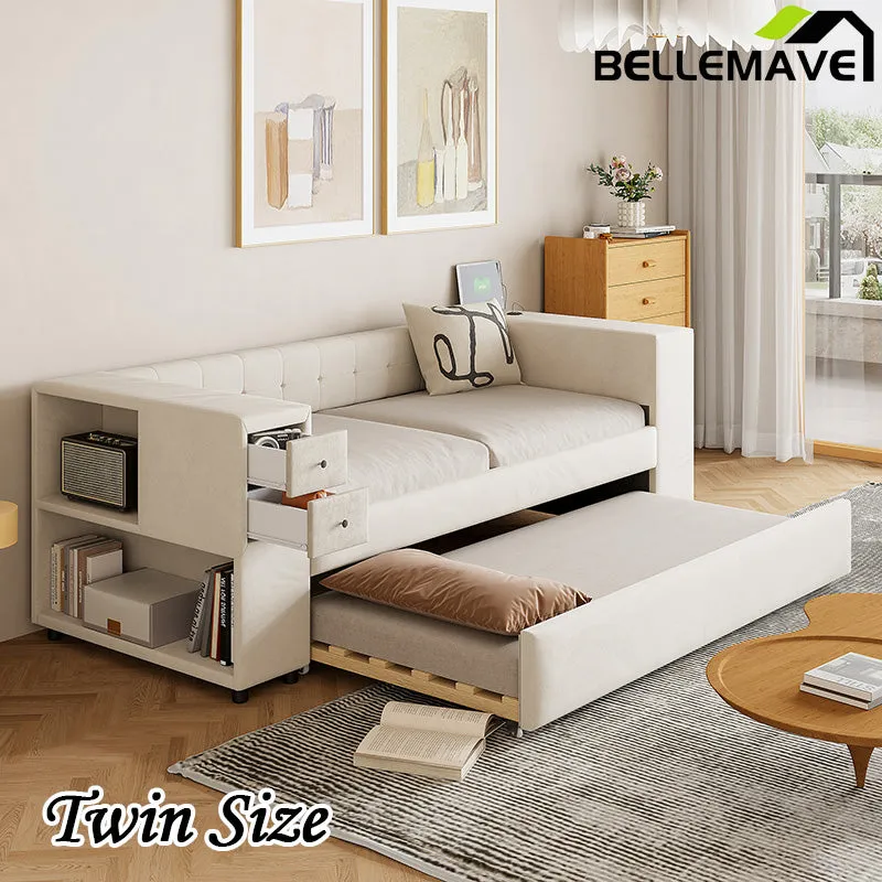 Bellemave® Twin Size Velvet Upholstered Daybed with Storage and Twin Trundle, USB Charging Ports