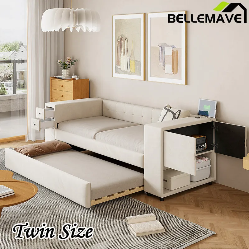 Bellemave® Twin Size Velvet Upholstered Daybed with Storage and Twin Trundle, USB Charging Ports