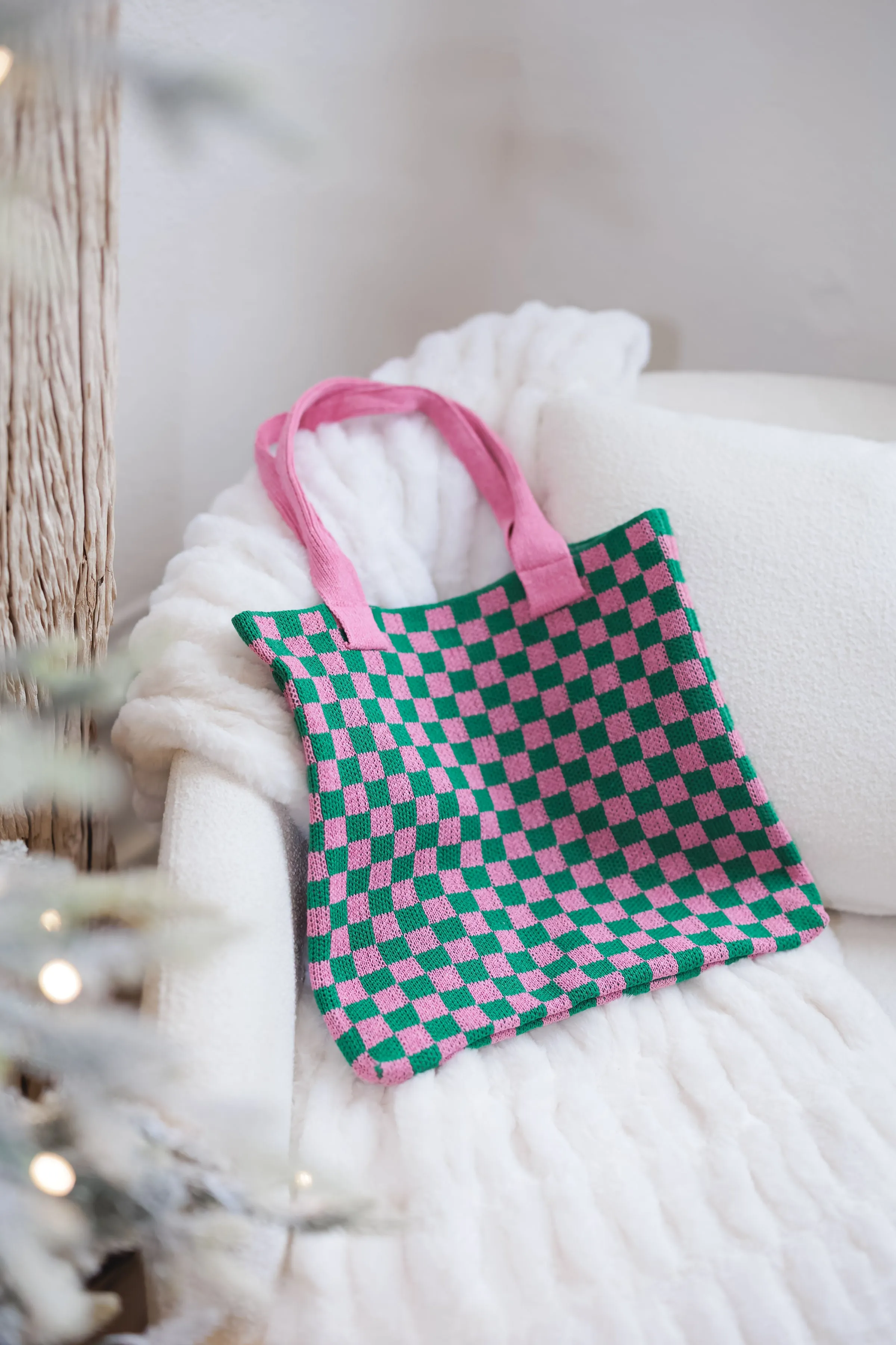 Checkered Canvas Bag-Pink/Green