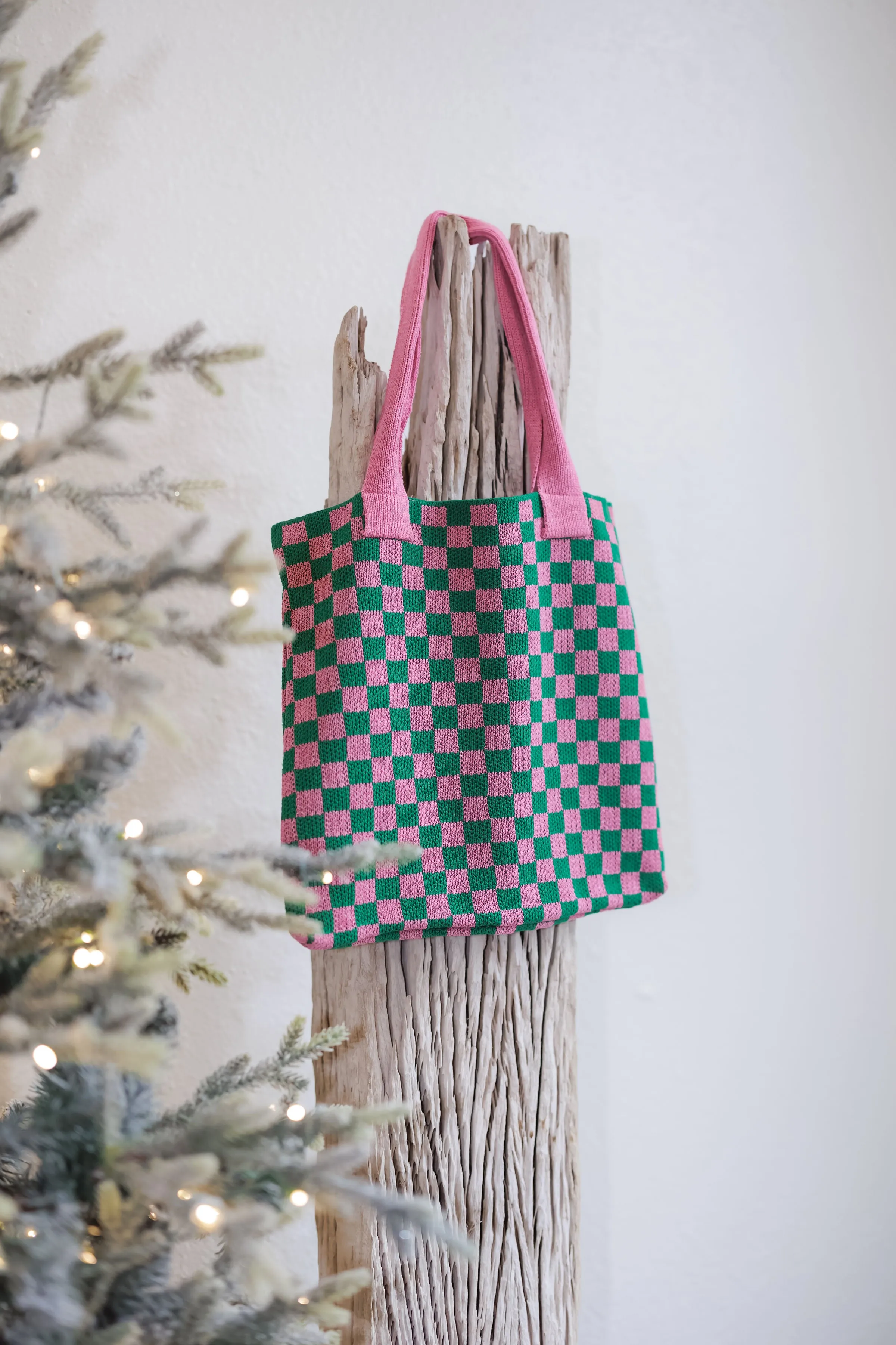 Checkered Canvas Bag-Pink/Green