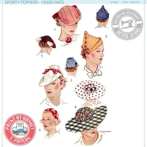 E-Pattern- Sporty Toppers- 1930s Hats- Size 22" Head