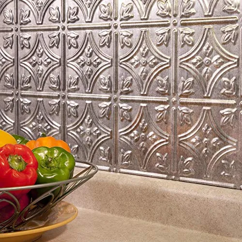 FASÄDE Traditional Style/Pattern 1 Decorative Vinyl 18in x 24in Backsplash Panel in Crosshatch Silver (5 Pack)