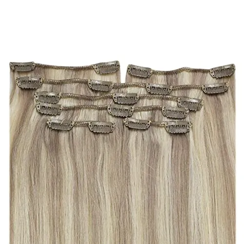 Fshine Clip in Hair Extensions Human Hair Double Weft Human Hair Clip in Extensions Thick 120 Gram 7Pcs Real Hair Extensions Clip in Human Hair 20In Remy Real Hair Ash Blonde Highlighted Bleach Blonde