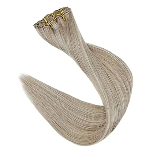 Fshine Clip in Hair Extensions Human Hair Double Weft Human Hair Clip in Extensions Thick 120 Gram 7Pcs Real Hair Extensions Clip in Human Hair 20In Remy Real Hair Ash Blonde Highlighted Bleach Blonde