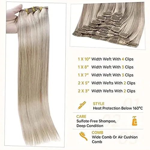 Fshine Clip in Hair Extensions Human Hair Double Weft Human Hair Clip in Extensions Thick 120 Gram 7Pcs Real Hair Extensions Clip in Human Hair 20In Remy Real Hair Ash Blonde Highlighted Bleach Blonde