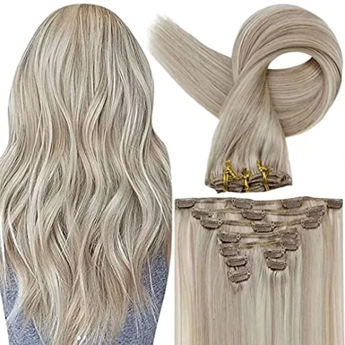 Fshine Clip in Hair Extensions Human Hair Double Weft Human Hair Clip in Extensions Thick 120 Gram 7Pcs Real Hair Extensions Clip in Human Hair 20In Remy Real Hair Ash Blonde Highlighted Bleach Blonde