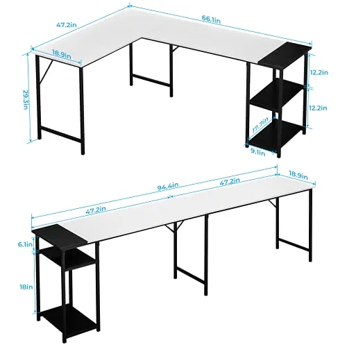 GreenForest L Shaped Desk Reversible with Storage, 94.4 Inch 2-Person Long Desk Computer Gaming Office Desk, Writing Study Corner Desk for Home Office, White/Black