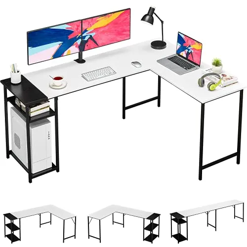 GreenForest L Shaped Desk Reversible with Storage, 94.4 Inch 2-Person Long Desk Computer Gaming Office Desk, Writing Study Corner Desk for Home Office, White/Black