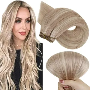 Hetto Blonde Weft Extensions Human Hair 22 Inch 100g #18/613 Sew in Weft Hair Extensions Brazilian Hand Tied Weft Human Hair Blonde Weaving Hair Extensions