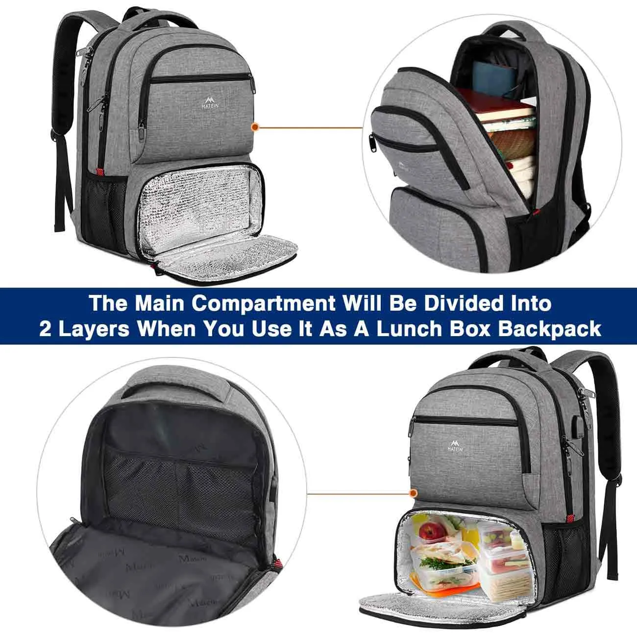 Matein Gray Lunch Backpack for Adults