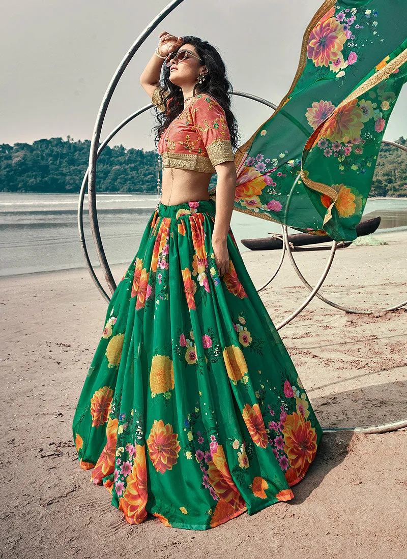 Orange And Green Floral Prints And Embroidered Lehenga Choli