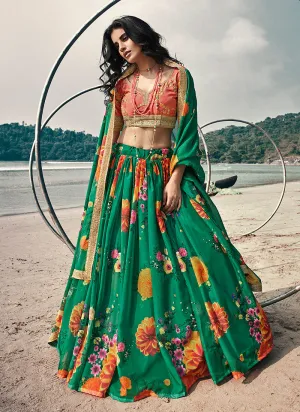 Orange And Green Floral Prints And Embroidered Lehenga Choli