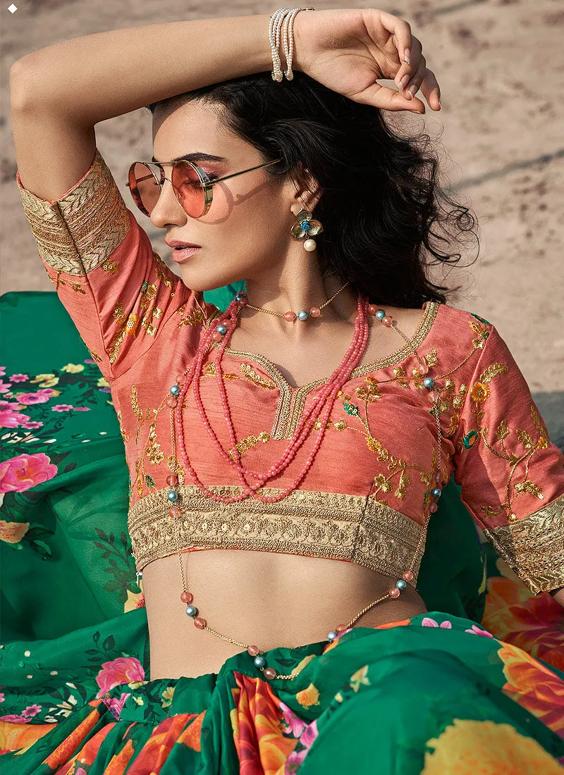 Orange And Green Floral Prints And Embroidered Lehenga Choli