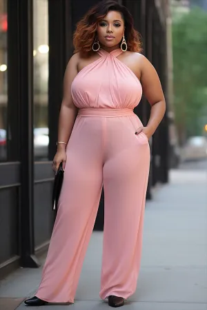 Plus Size Daily Pink Halter Collar Pocket Jumpsuit