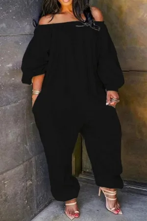 Plus Size Solid Basic Off the Shoulder With Pockets Jumpsuit