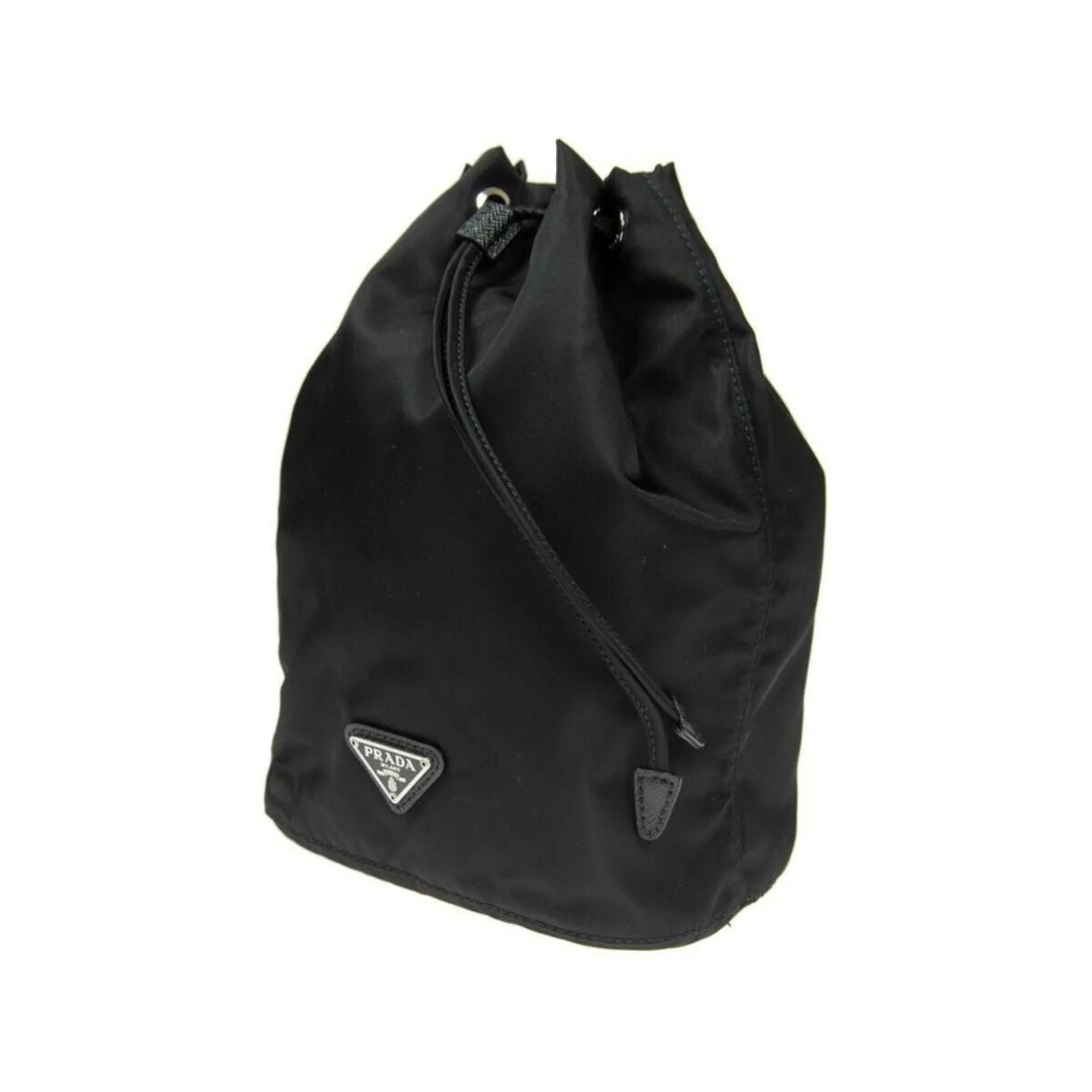 Prada Black Tessuto Nylon Triangle Logo Drawstring Bucket Bag