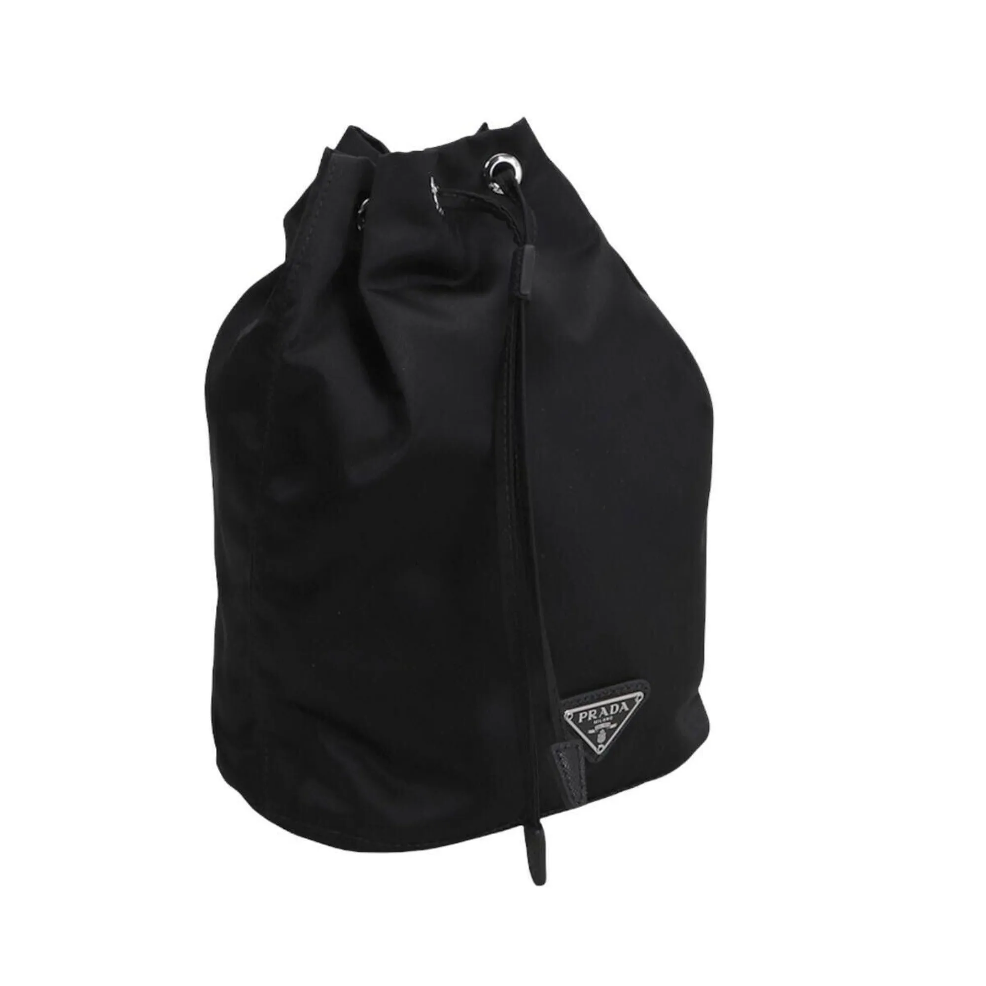 Prada Black Tessuto Nylon Triangle Logo Drawstring Bucket Bag