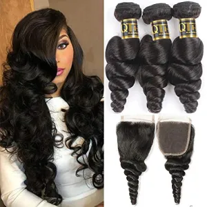 QTHAIR 12A Brazilian Loose Wave Hair Bundles With Closure (14 16 18 12inch) 3 Bundles with 4X4 Lace Closure Free Part Virgin Remy Hair Brazilian Weave Human Hair