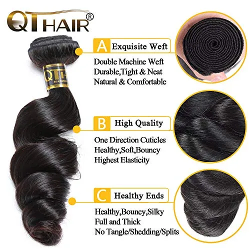 QTHAIR 12A Brazilian Loose Wave Hair Bundles With Closure (14 16 18 12inch) 3 Bundles with 4X4 Lace Closure Free Part Virgin Remy Hair Brazilian Weave Human Hair