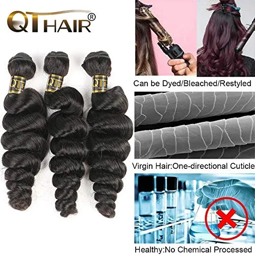 QTHAIR 12A Brazilian Loose Wave Hair Bundles With Closure (14 16 18 12inch) 3 Bundles with 4X4 Lace Closure Free Part Virgin Remy Hair Brazilian Weave Human Hair