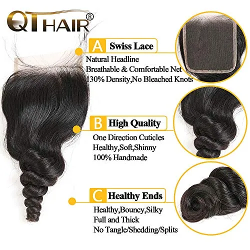 QTHAIR 12A Brazilian Loose Wave Hair Bundles With Closure (14 16 18 12inch) 3 Bundles with 4X4 Lace Closure Free Part Virgin Remy Hair Brazilian Weave Human Hair