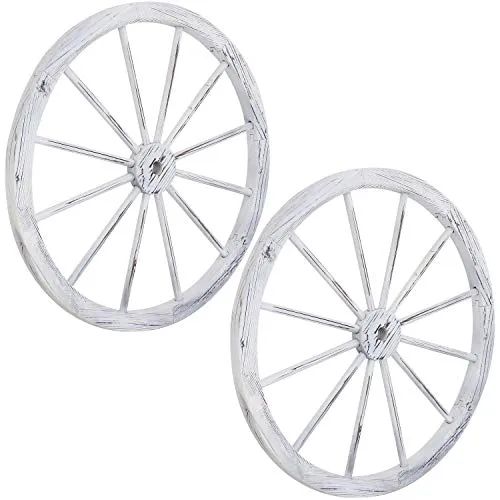 Sunnydaze Decorative Wooden Wagon Wheel - Set of 2 - Natural Fir Wood - Rustic Western Indoor and Outdoor Decor - Ideal for Kitchen, Garden, Porch, Patio, Yard and Landscape - 29-Inch - White