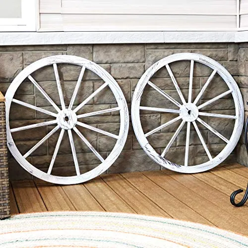 Sunnydaze Decorative Wooden Wagon Wheel - Set of 2 - Natural Fir Wood - Rustic Western Indoor and Outdoor Decor - Ideal for Kitchen, Garden, Porch, Patio, Yard and Landscape - 29-Inch - White