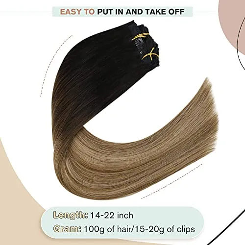 Ugeat Clip in Hair Extensions Human Hair 20 inch 100g 7pcs Real Clip in Hair Extensions with Seamless Weft Thick Natural Hair Extensions for Women #1B/6/16 Balayage Off Black to Brown with Golden Blonde