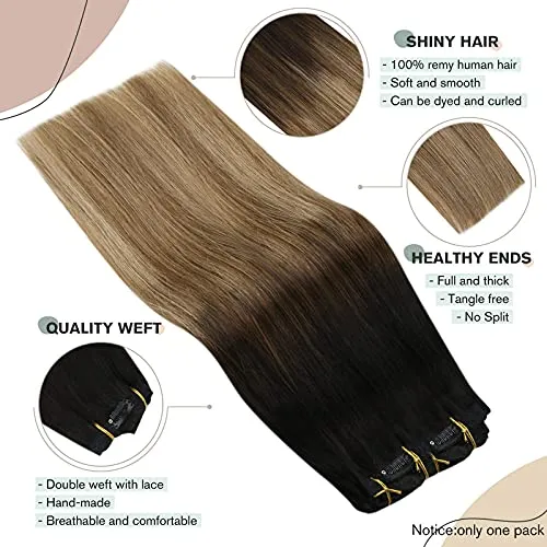 Ugeat Clip in Hair Extensions Human Hair 20 inch 100g 7pcs Real Clip in Hair Extensions with Seamless Weft Thick Natural Hair Extensions for Women #1B/6/16 Balayage Off Black to Brown with Golden Blonde