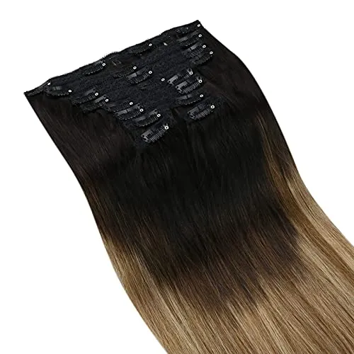 Ugeat Clip in Hair Extensions Human Hair 20 inch 100g 7pcs Real Clip in Hair Extensions with Seamless Weft Thick Natural Hair Extensions for Women #1B/6/16 Balayage Off Black to Brown with Golden Blonde