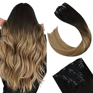 Ugeat Clip in Hair Extensions Human Hair 20 inch 100g 7pcs Real Clip in Hair Extensions with Seamless Weft Thick Natural Hair Extensions for Women #1B/6/16 Balayage Off Black to Brown with Golden Blonde