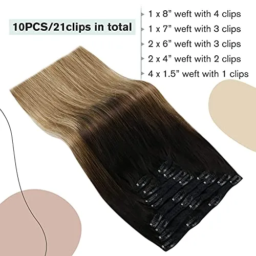 Ugeat Clip in Hair Extensions Human Hair 20 inch 100g 7pcs Real Clip in Hair Extensions with Seamless Weft Thick Natural Hair Extensions for Women #1B/6/16 Balayage Off Black to Brown with Golden Blonde