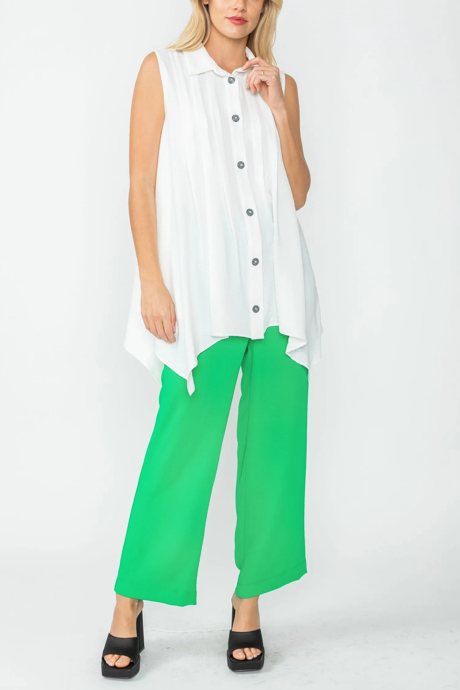 White Front Pleats & Back Shirring Sleeveless Blouse