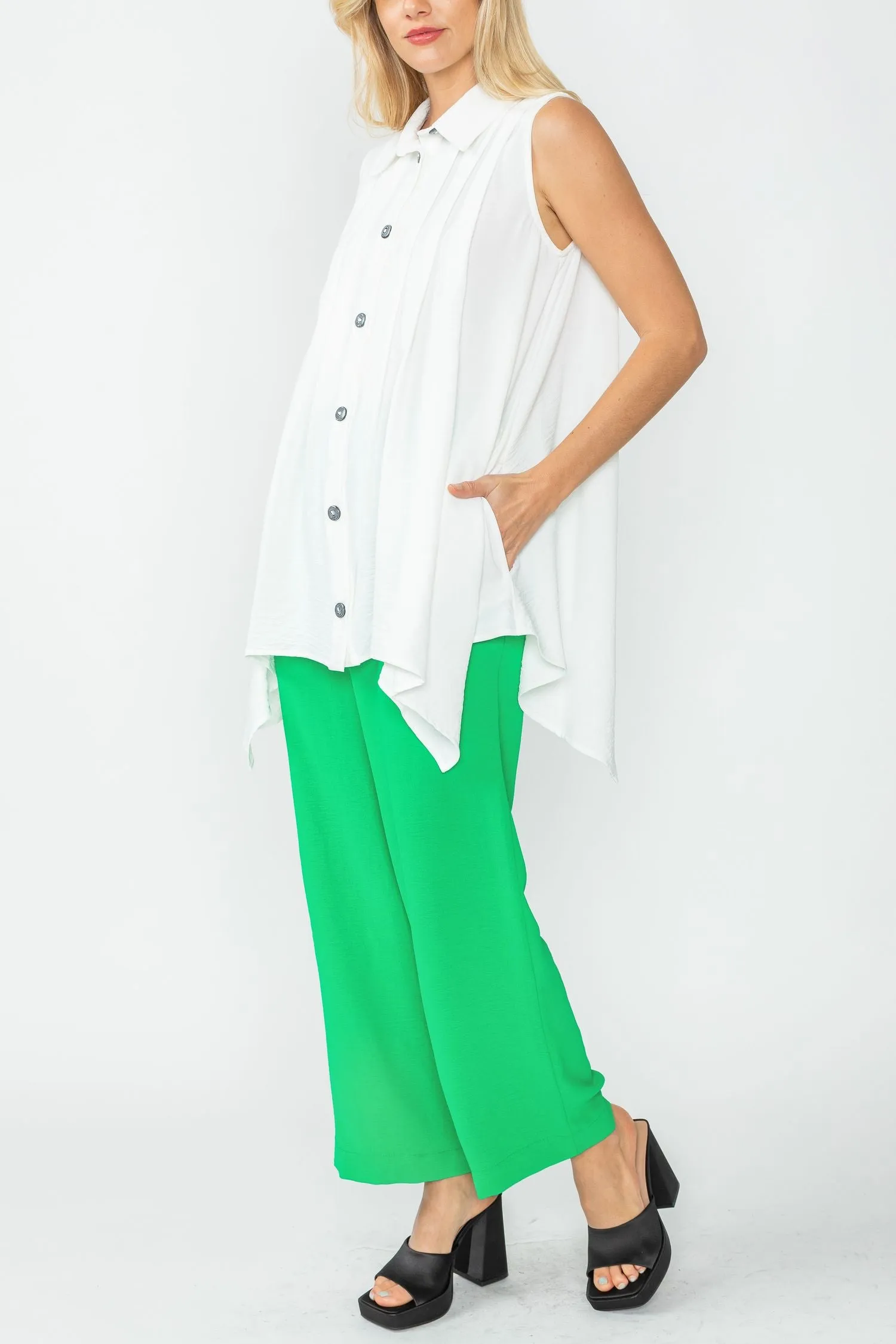 White Front Pleats & Back Shirring Sleeveless Blouse