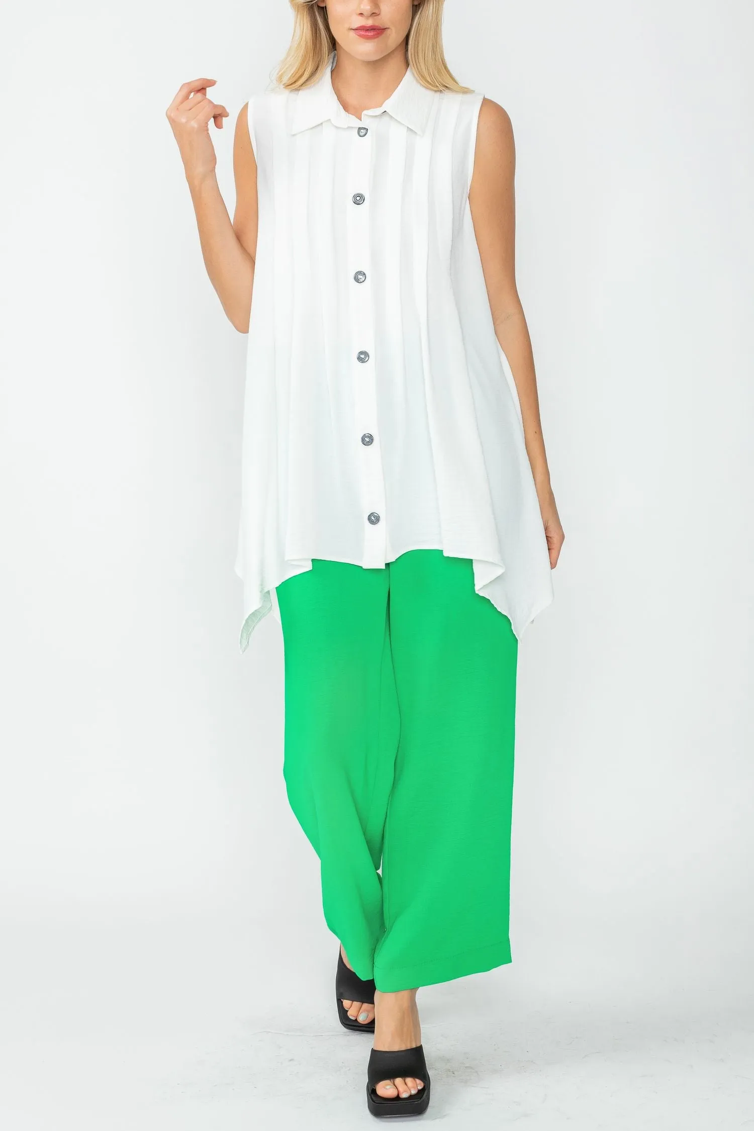 White Front Pleats & Back Shirring Sleeveless Blouse